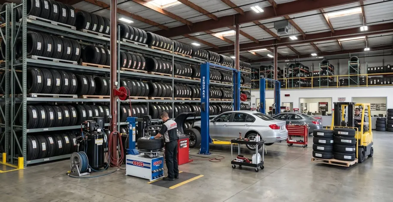 Intérieur d'un centre de gardiennage de pneus avec rangement organisé et équipement professionnel