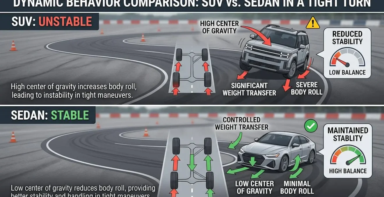 Comparaison du comportement dynamique d'un SUV et d'une berline en virage serré, montrant l'instabilité du SUV.