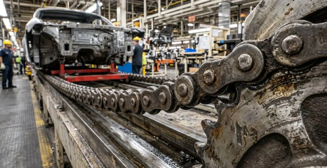 Vue macro détaillée d'une chaîne de distribution automobile montrant les maillons et l'usure