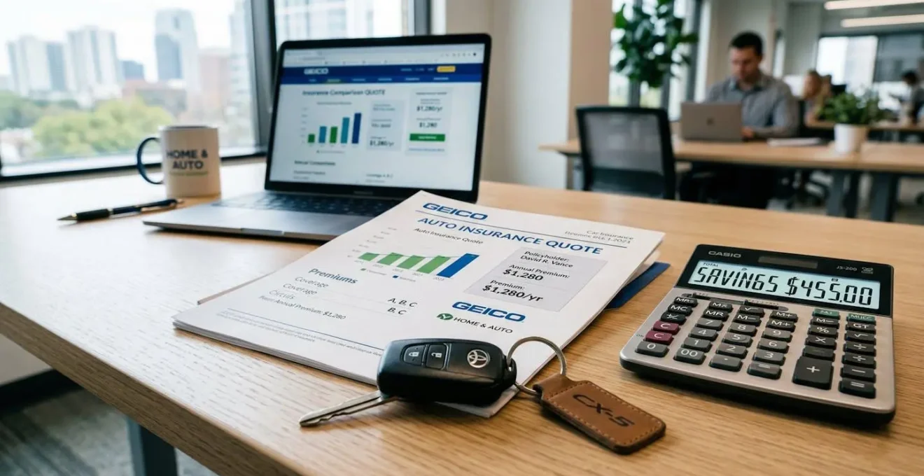 Bureau moderne avec documents d'assurance et calculatrice montrant des économies, clés de voiture sans permis en premier plan