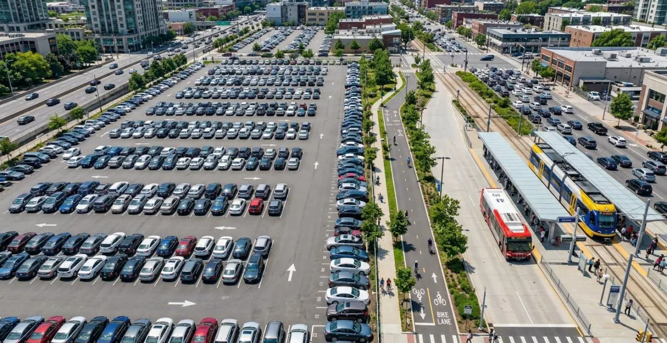 Vue aérienne montrant un parking urbain dense à côté d'une piste cyclable et d'un arrêt de transport en commun