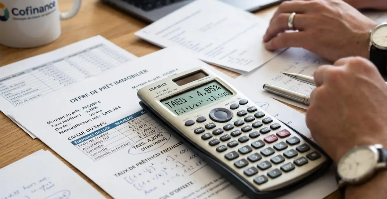 Vue macro de documents financiers avec calculatrice montrant des calculs de TAEG