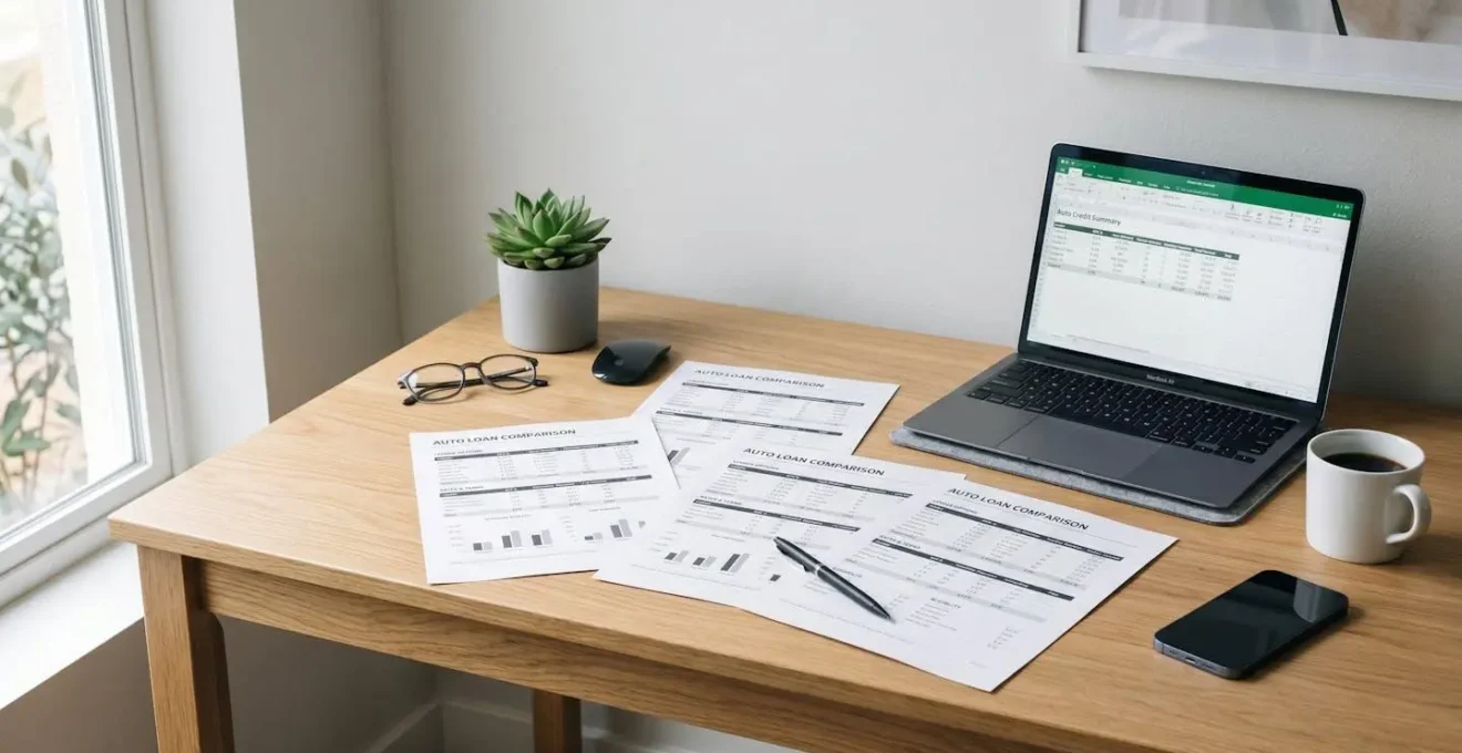 Bureau minimaliste avec documents de comparaison de crédits auto étalés