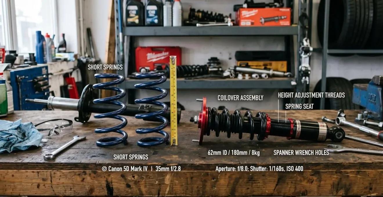 Comparaison technique entre ressorts courts et combinés filetés sur établi de garage