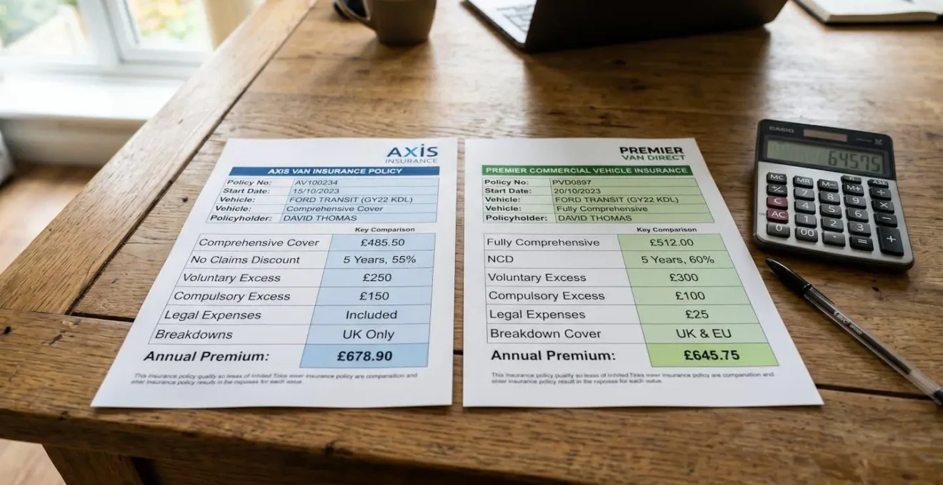 Comparaison visuelle de deux contrats d'assurance pour camionnette sur un bureau avec calculatrice et stylo