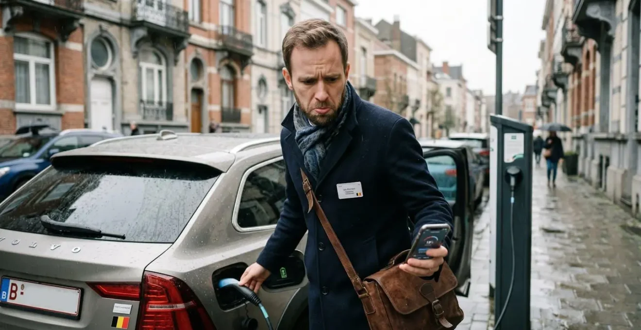 Portrait d'un professionnel belge vérifiant l'état de charge de son véhicule hybride avec expression concernée