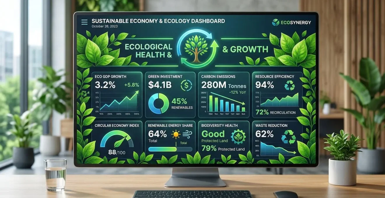 Tableau de bord moderne avec indicateurs d'économie et feuilles vertes symbolisant l'écologie