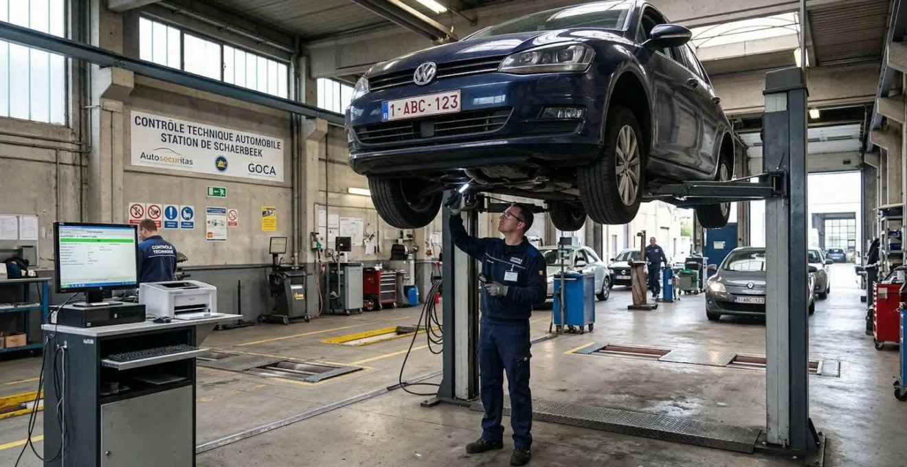 Intérieur d'un centre de contrôle technique belge avec voiture sur pont élévateur