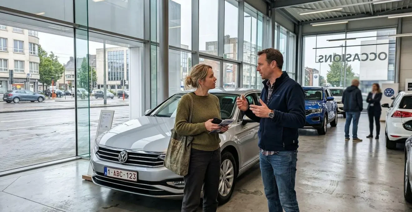 Un couple discute face à une berline dans un showroom automobile moderne aux grandes baies vitrées
