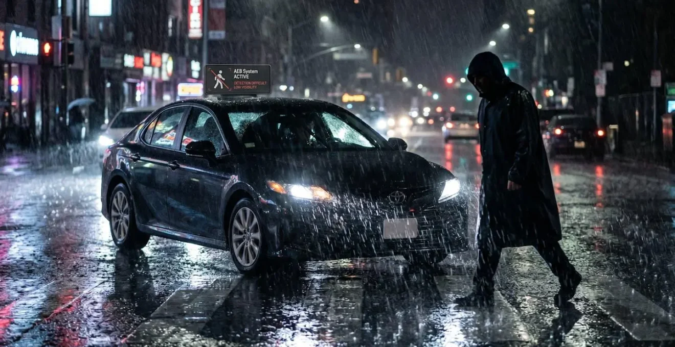 Détection difficile d'un piéton la nuit par les capteurs AEB sous la pluie