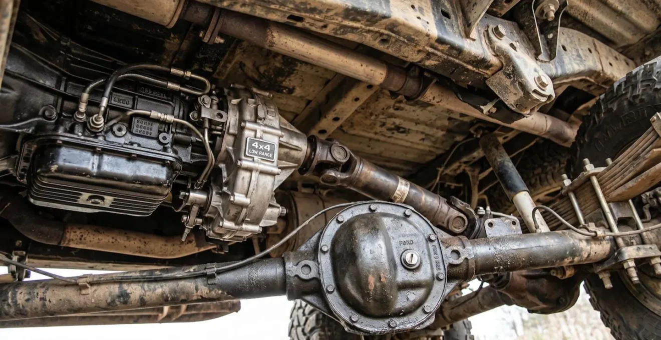 Vue macro détaillée d'un système de différentiel et transmission de véhicule 4x4