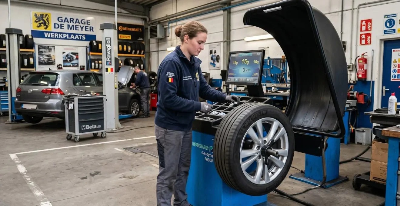 Technicien effectuant un équilibrage de roue avec machine spécialisée dans un garage belge