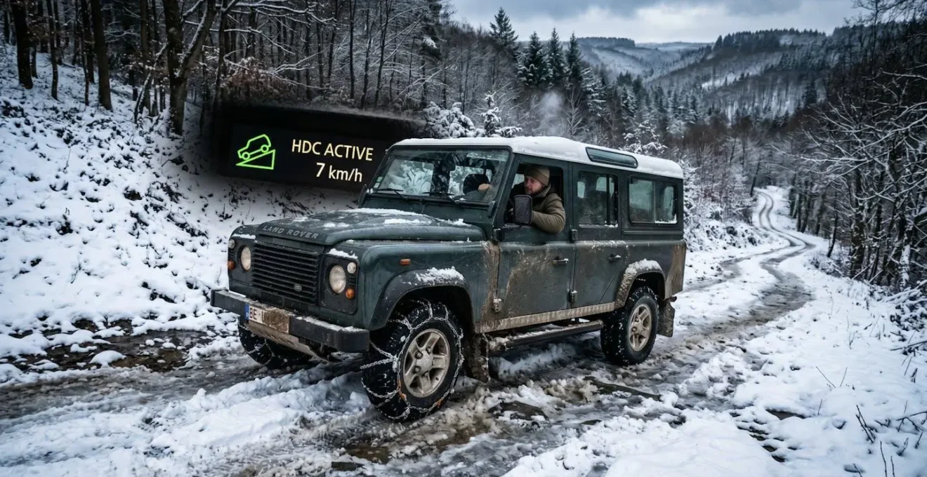 Système HDC actif lors d'une descente verglacée dans les Ardennes belges