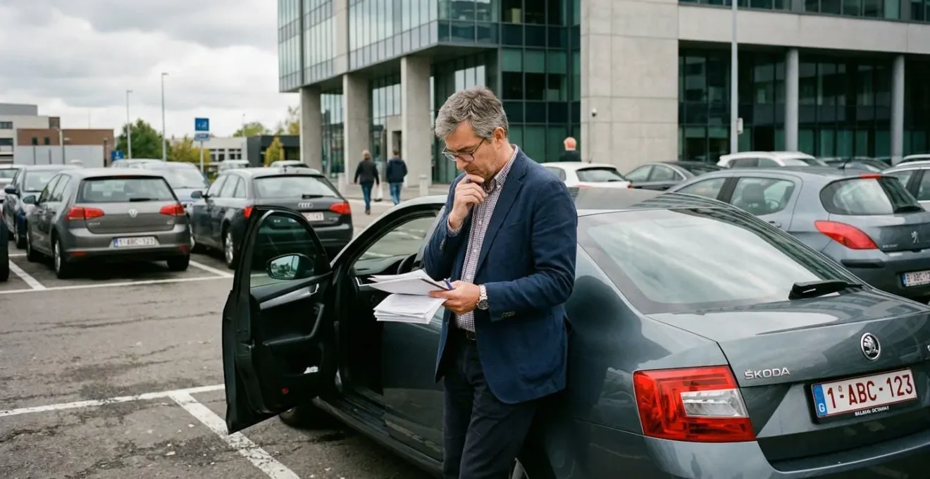 Un homme d'âge mûr en veste consulte des documents administratifs près d'une berline grise dans un parking d'entreprise moderne