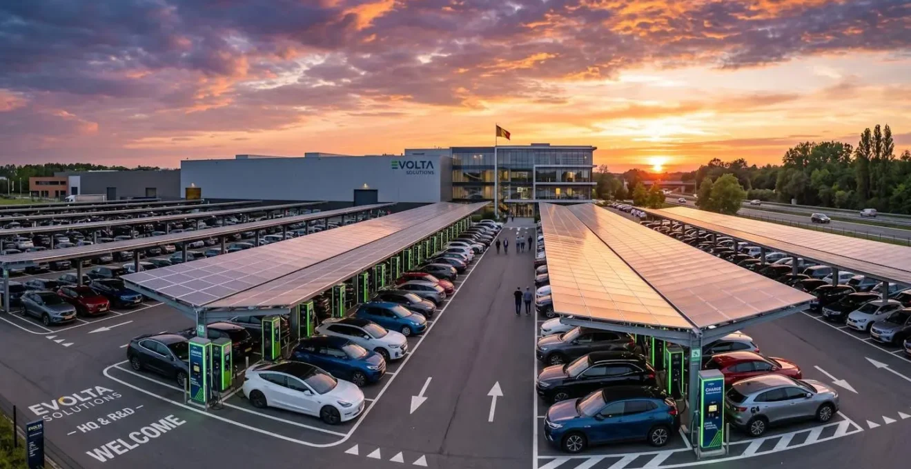 Vue panoramique d'un parking d'entreprise belge avec ombrières photovoltaïques et bornes de recharge au coucher du soleil