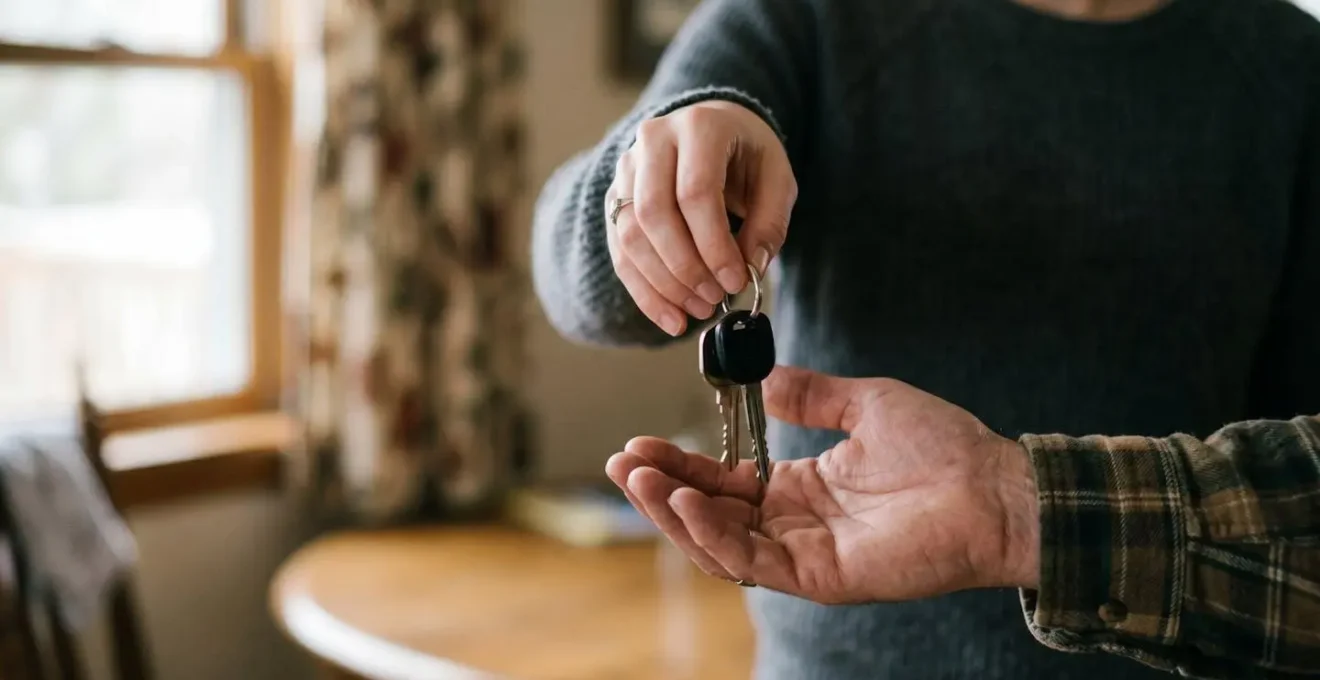 Main de jeune adulte tendant des clés de voiture avec hésitation dans un contexte flou