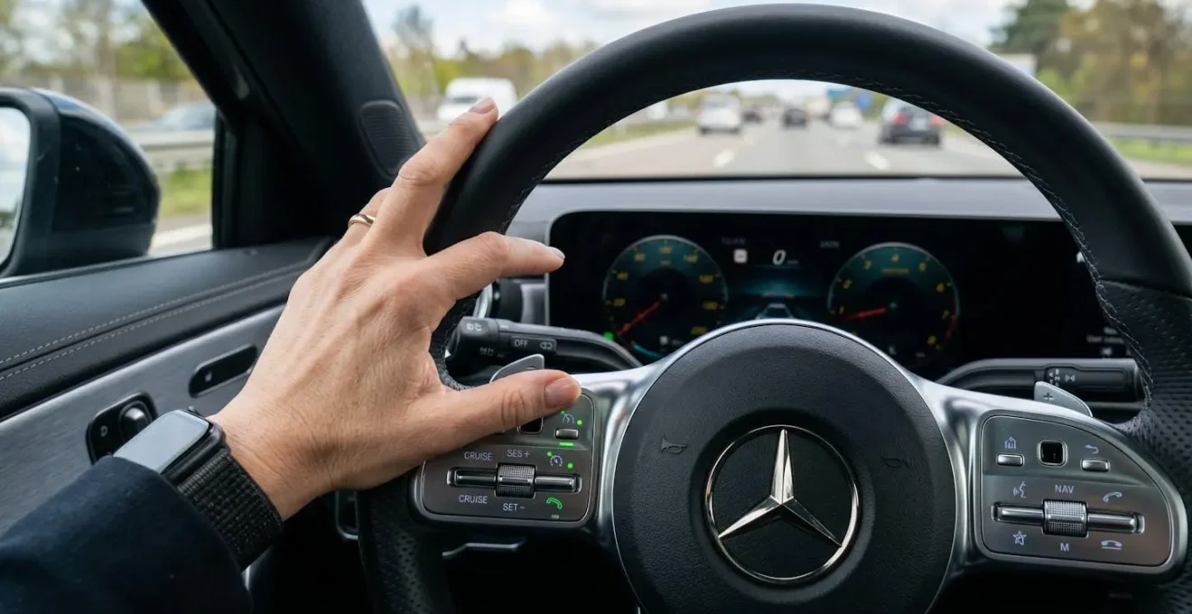 Gros plan sur une main touchant le volant d'une voiture moderne avec capteurs