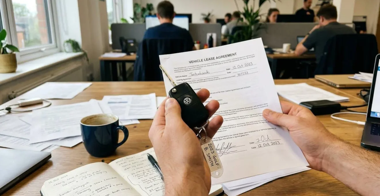 Gros plan sur des mains tenant un contrat et des clés de voiture posés sur un bureau avec des documents administratifs