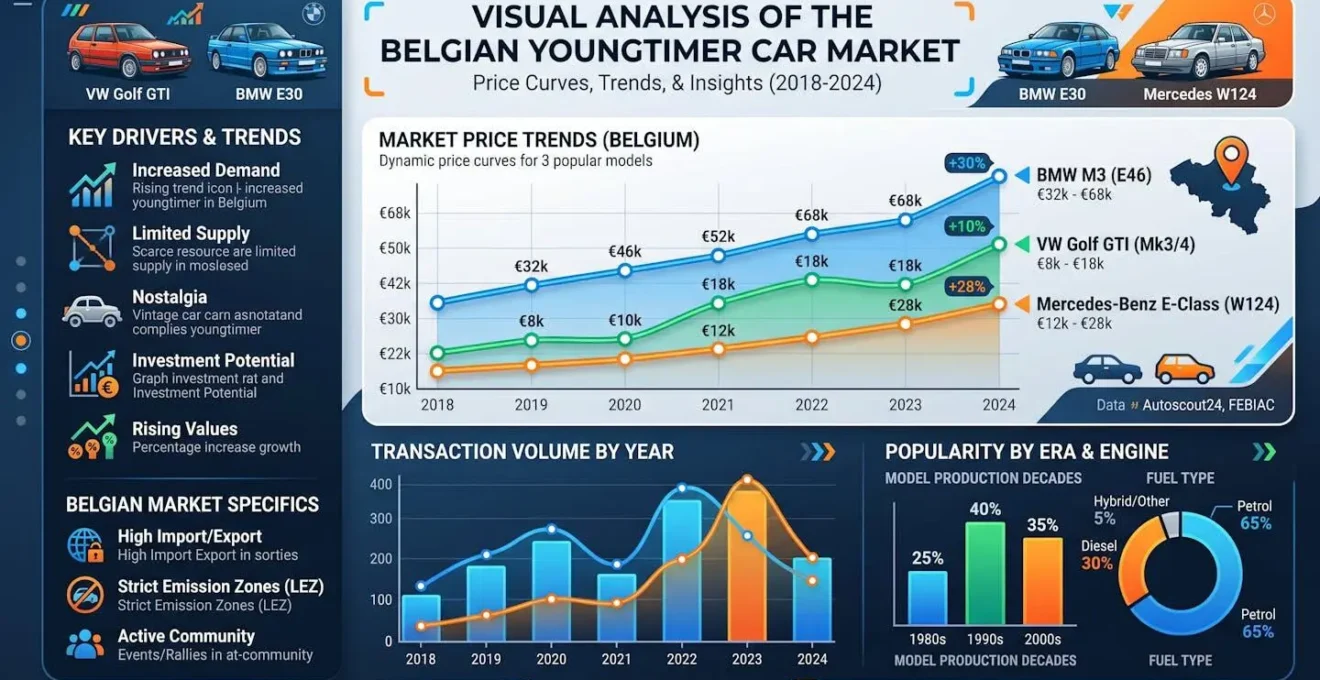 Analyse visuelle du marché des youngtimers en Belgique avec courbes de prix et tendances