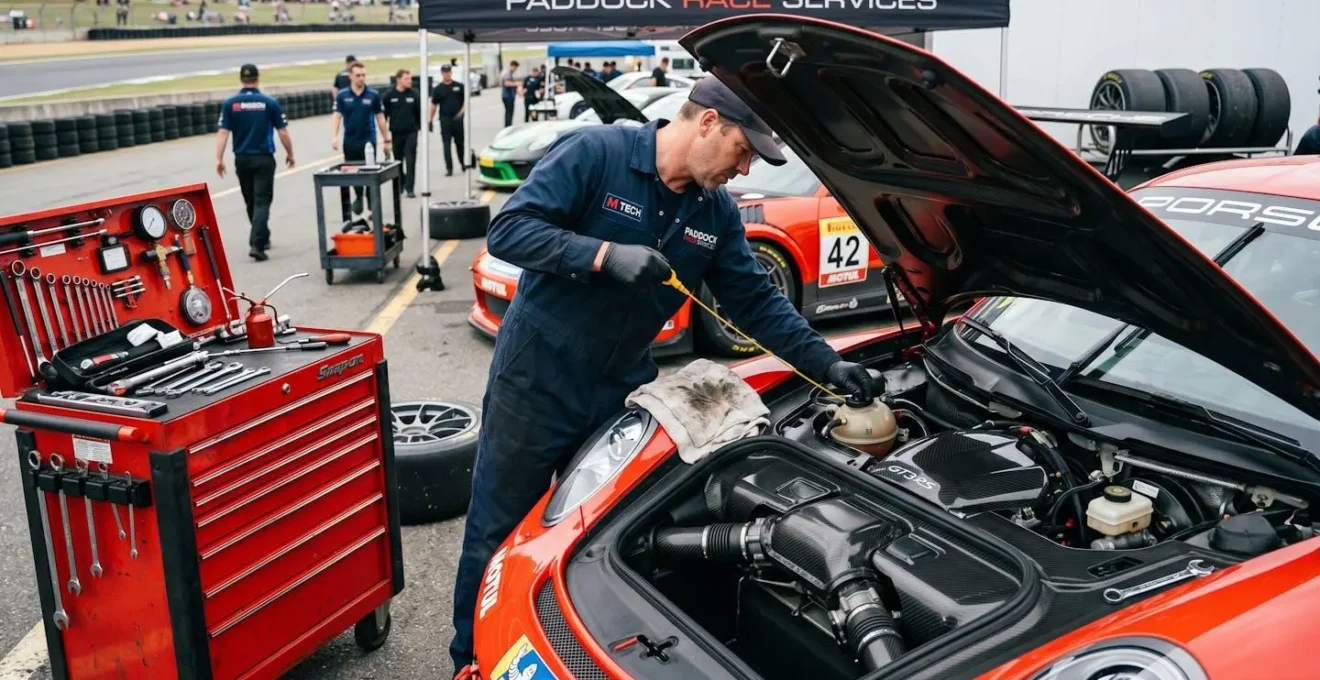Mécanicien vérifiant les niveaux sous le capot d'une voiture de sport dans le paddock, outils professionnels à proximité