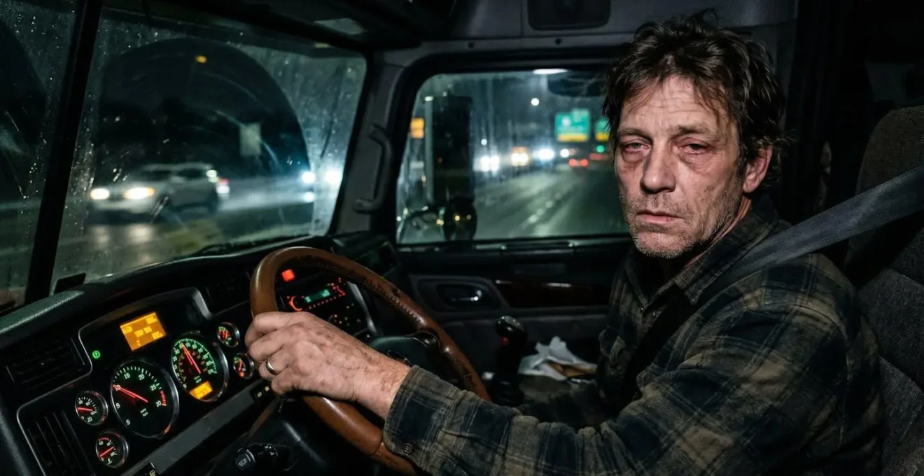 Portrait intense d'un conducteur fatigué au volant, les yeux lourds et le regard vide.