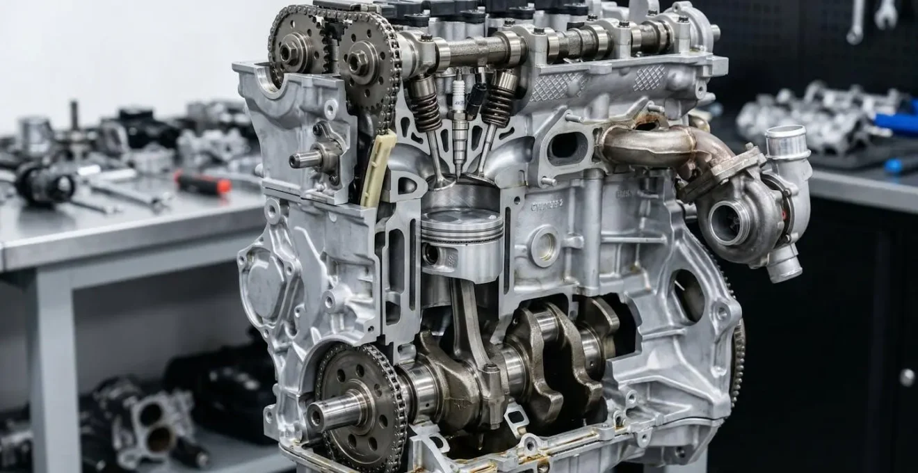 Vue macro détaillée d'un moteur essence downsizé montrant les composants internes