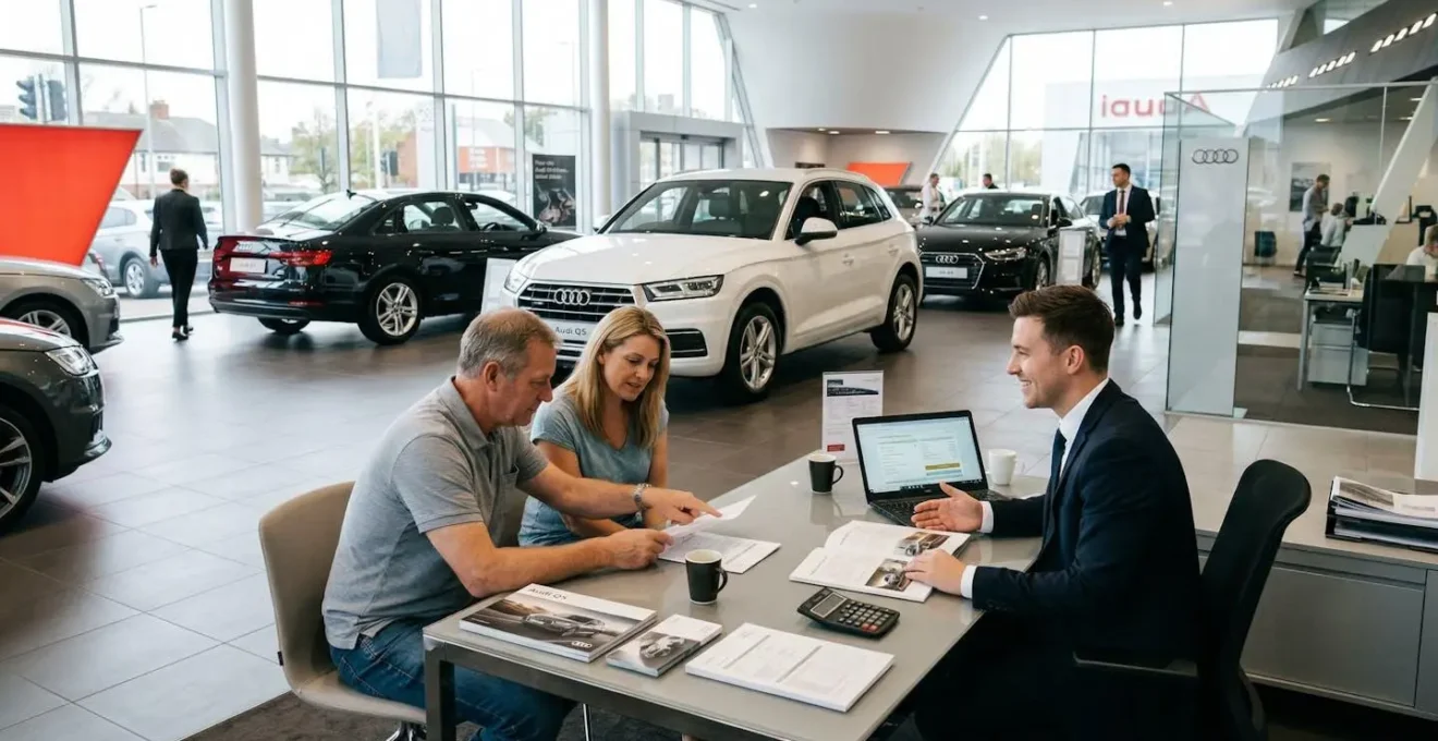 Intérieur d'un showroom automobile avec négociation commerciale en cours
