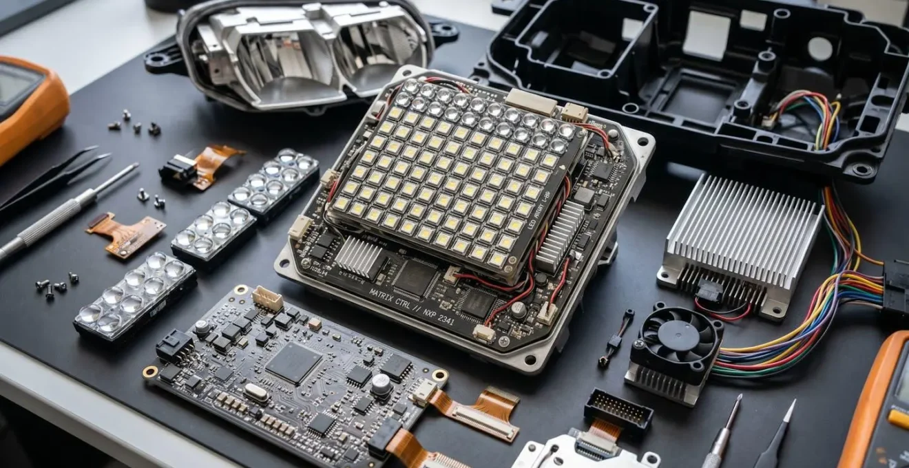 Gros plan sur un phare Matrix LED démonté montrant la complexité de ses composants électroniques