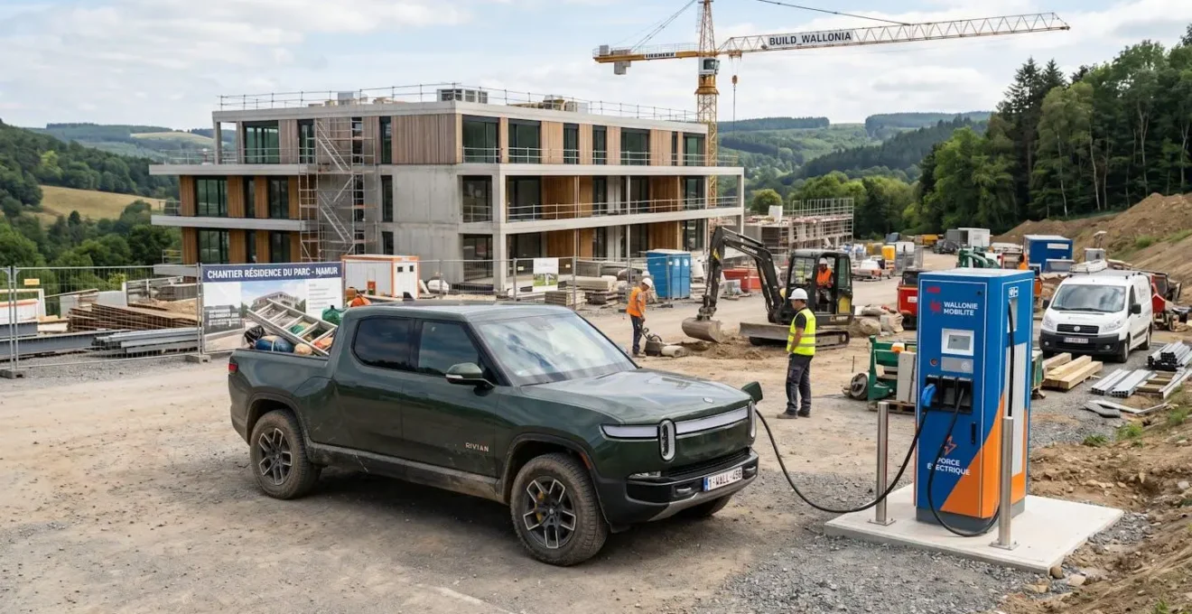 Pick-up électrique en charge sur un chantier wallon moderne