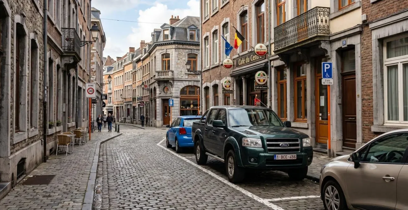 Pick-up stationné correctement dans une rue étroite du centre-ville wallon