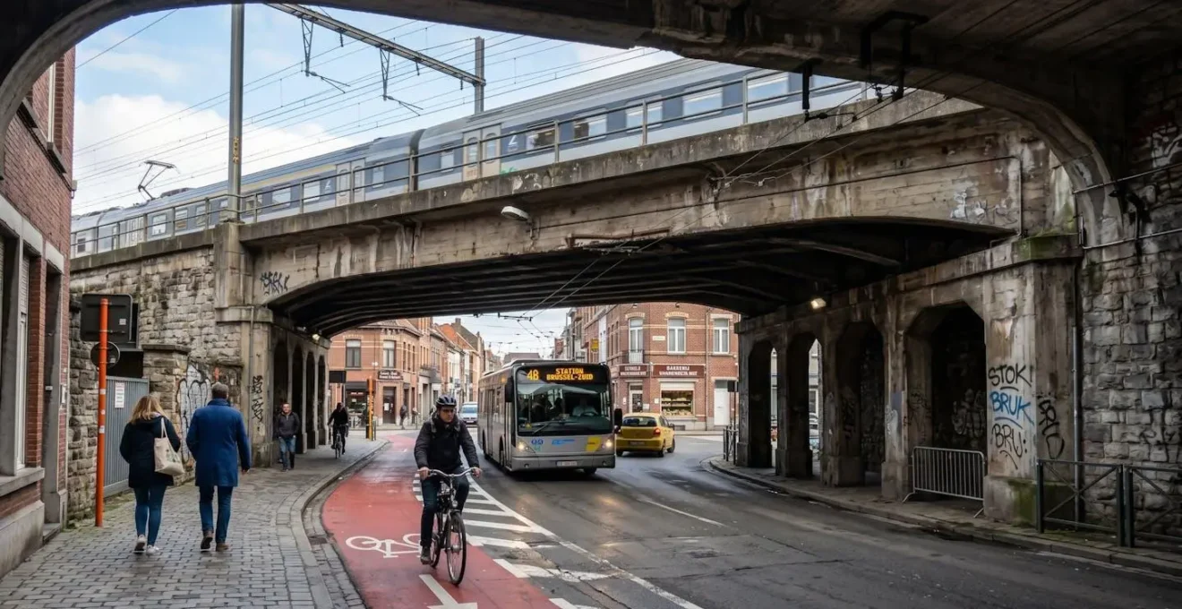 Passage sous un pont urbain bas typique des villes belges
