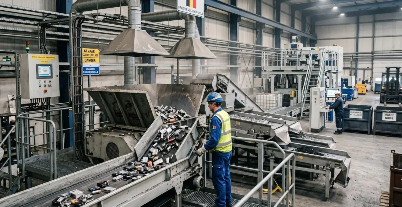 Vue du processus de recyclage des batteries dans une installation industrielle belge