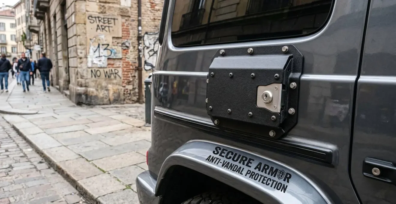 Détail d'une protection anti-vandalisme sur véhicule premium en milieu urbain