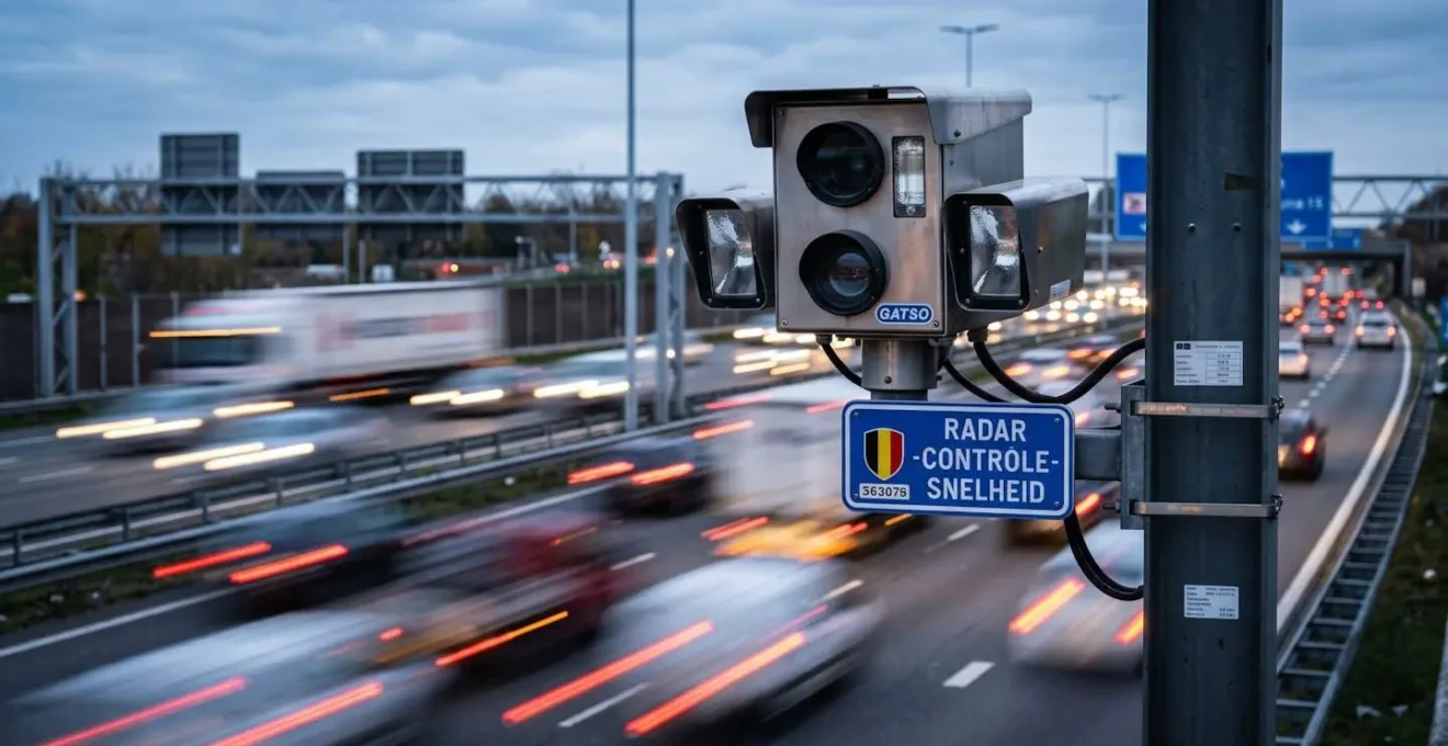Vue macro d'un radar autoroutier belge avec un effet de vitesse flou en arrière-plan.
