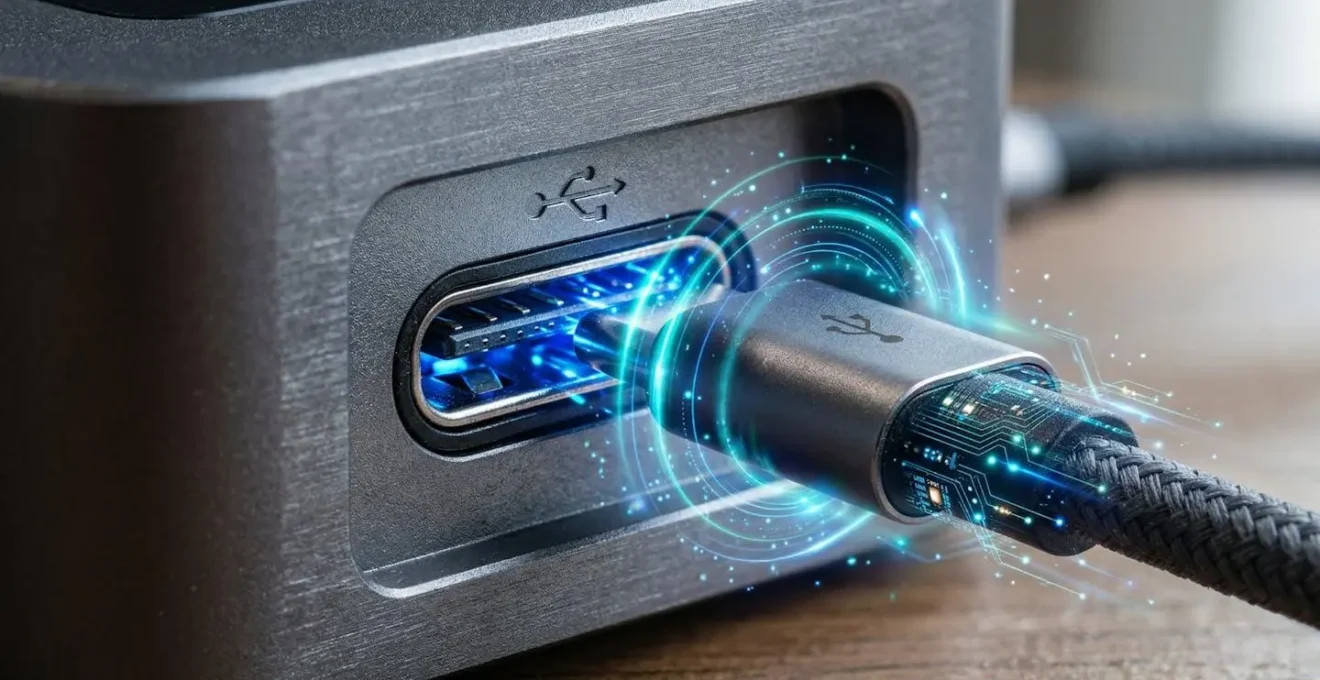 Vue macro d'une prise de recharge avec détails de texture métallique et jeux de lumière représentant l'optimisation énergétique