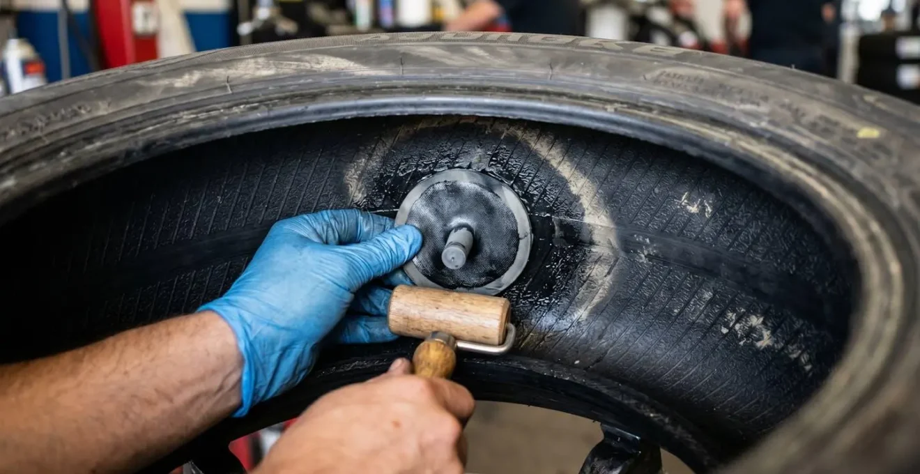 Gros plan sur la réparation d'un pneu avec la technique du champignon par l'intérieur
