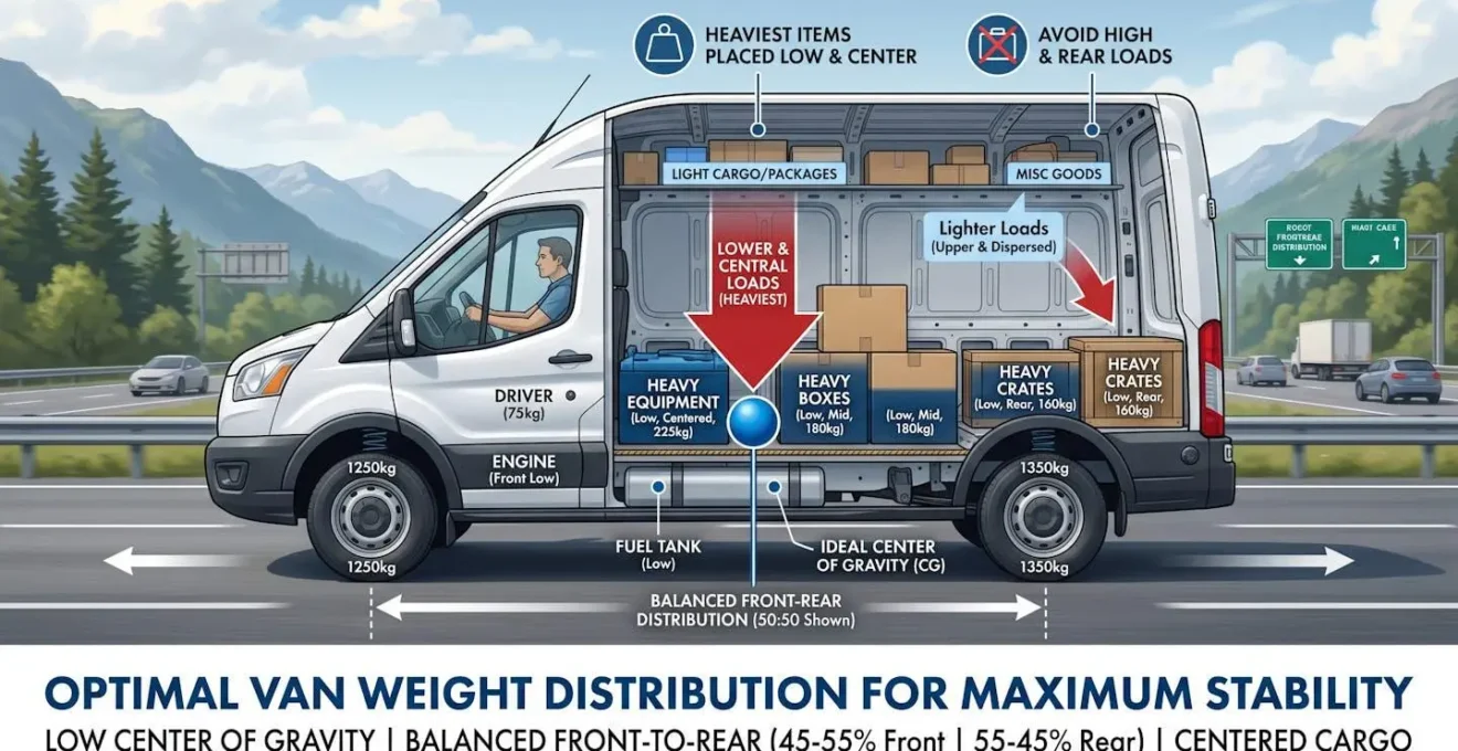 Vue en coupe d'une camionnette montrant la répartition optimale du poids pour la stabilité