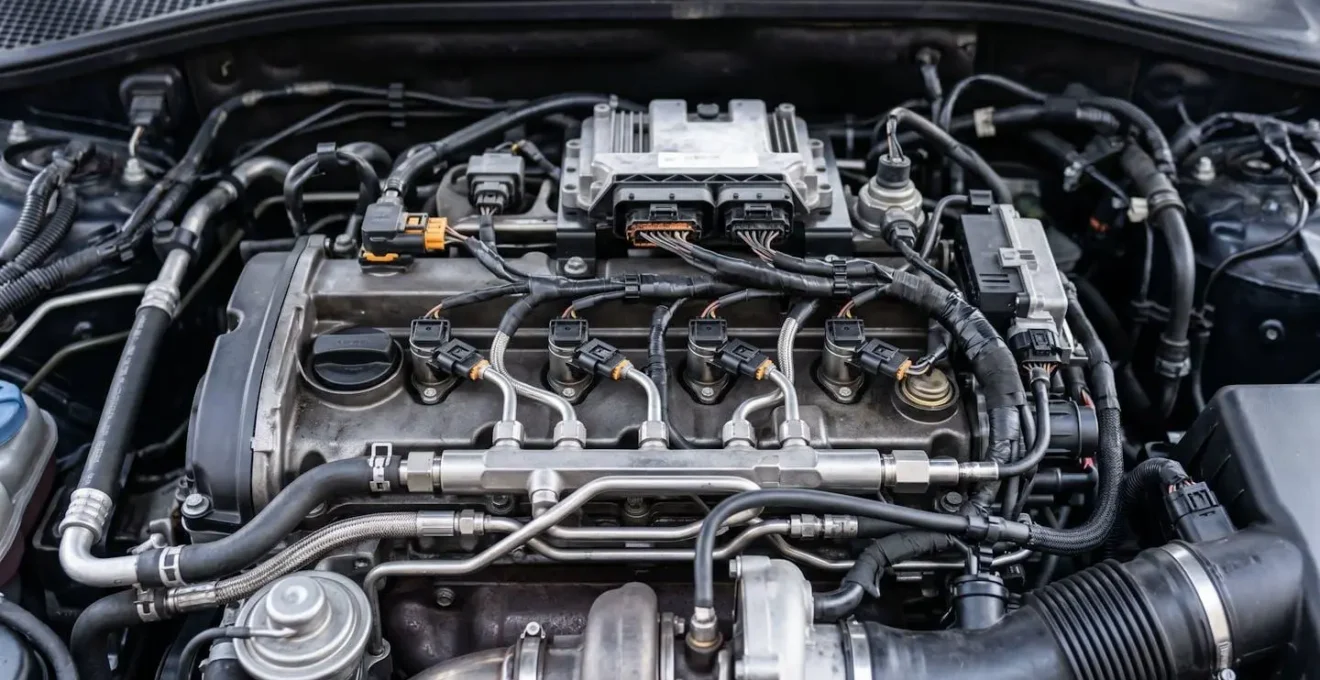 Gros plan sur un moteur diesel moderne avec des éléments électroniques visibles sans texte