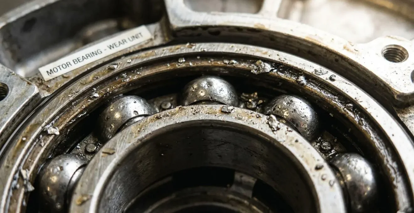 Vue macro d'un roulement de moteur électrique automobile montrant l'usure des billes