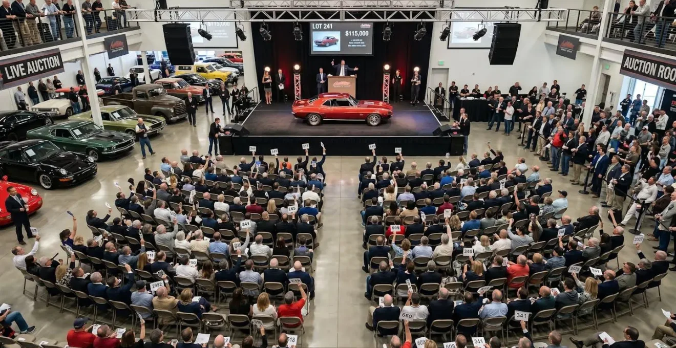 Vue plongeante d'une salle d'enchères automobiles avec enchérisseurs professionnels et particuliers