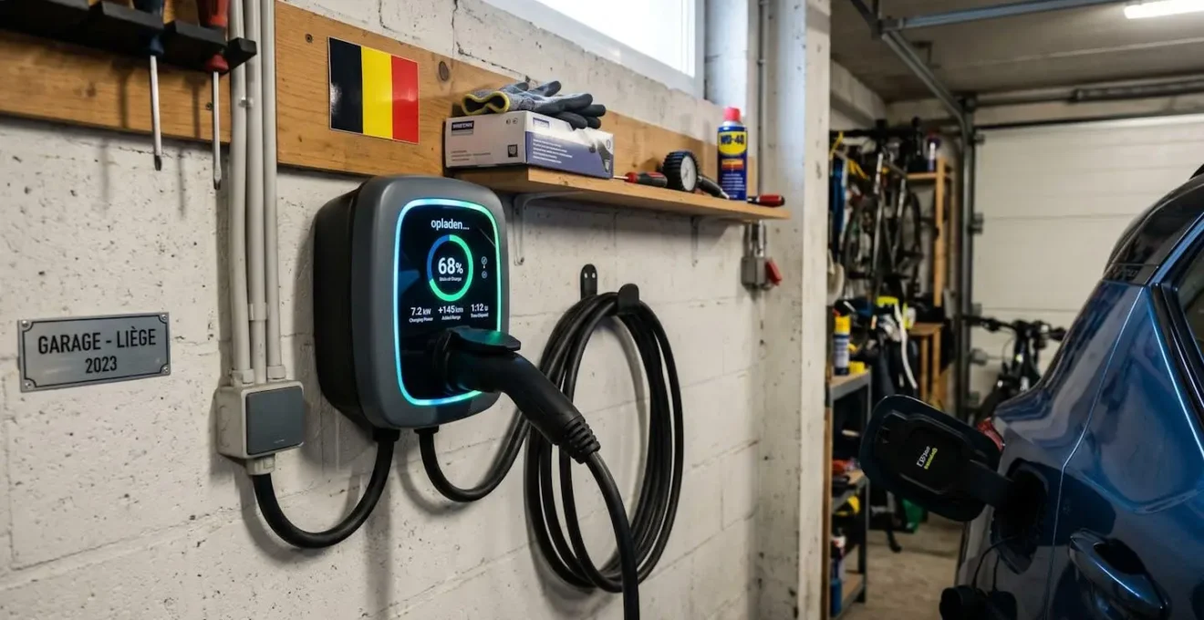 Gros plan sur une borne de recharge domestique intelligente avec affichage LED dans un garage résidentiel belge