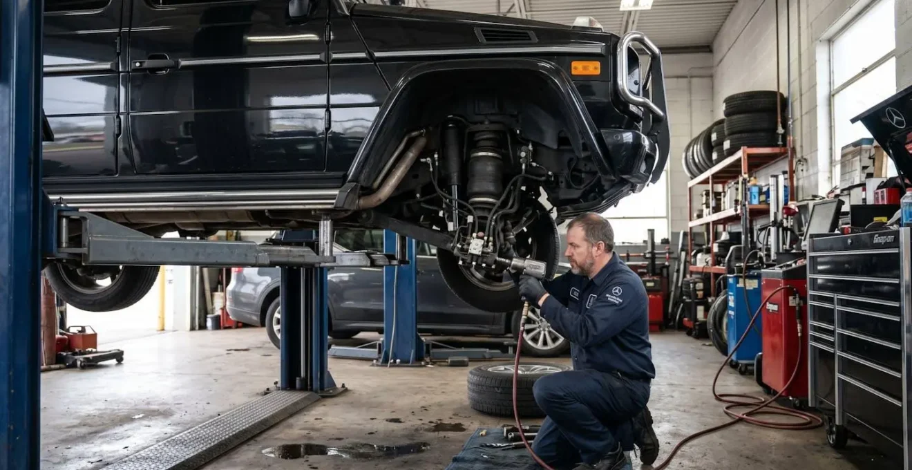 Vue latérale d'une Mercedes surélevée dans un garage avec un mécanicien travaillant sur la suspension pneumatique