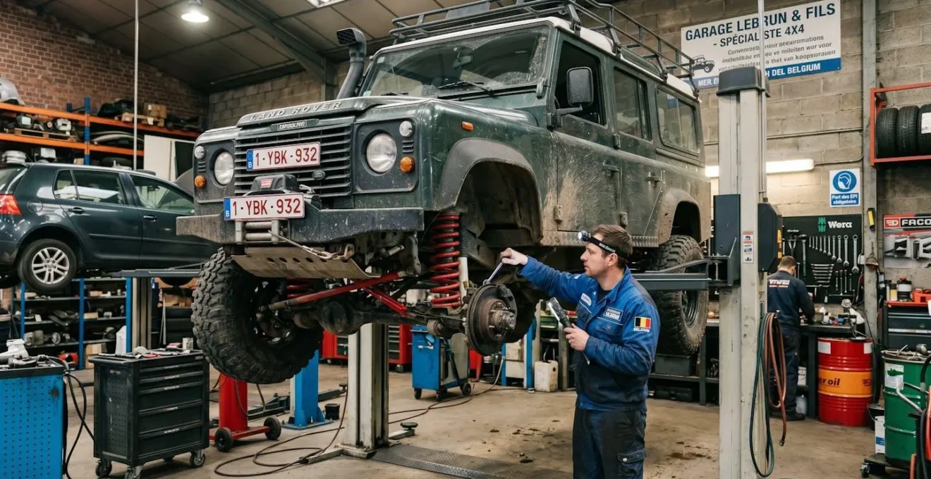 Véhicule 4x4 avec suspension rehaussée en inspection dans un garage belge