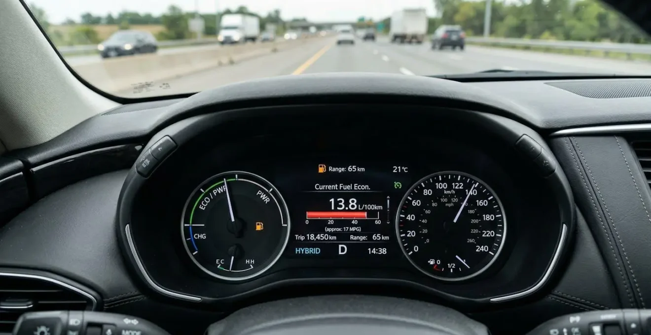 Gros plan sur le tableau de bord d'un SUV hybride montrant une consommation élevée sur autoroute