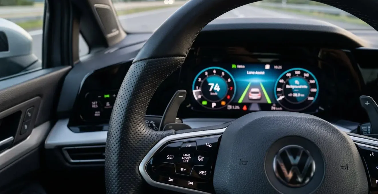 Vue macro d'un bouton de désactivation du Lane Assist sur un volant de voiture moderne
