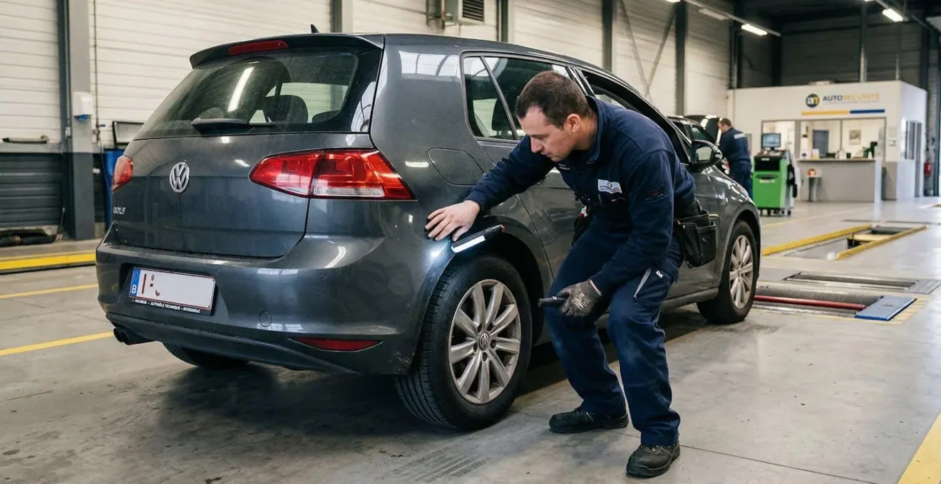 Un technicien en combinaison examine la carrosserie d'une berline dans un centre d'inspection automobile éclairé au néon