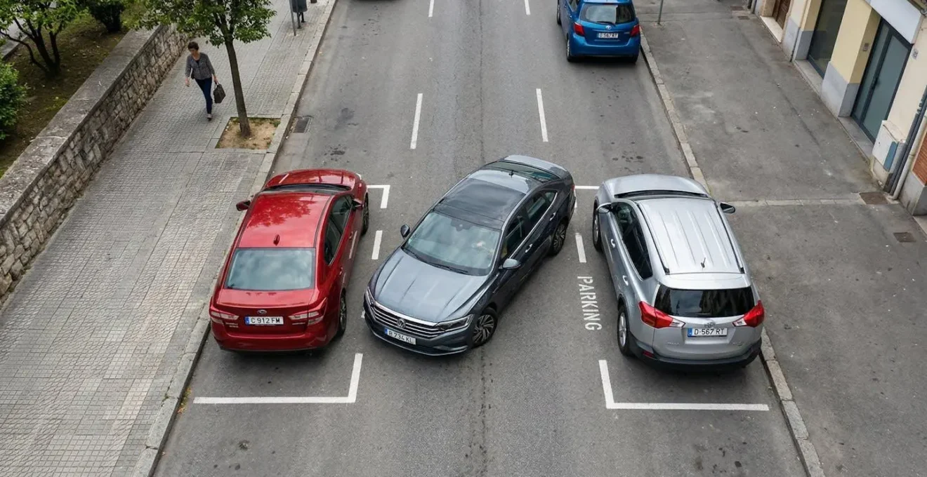 Vue aérienne d'une voiture effectuant un créneau parfait entre deux véhicules