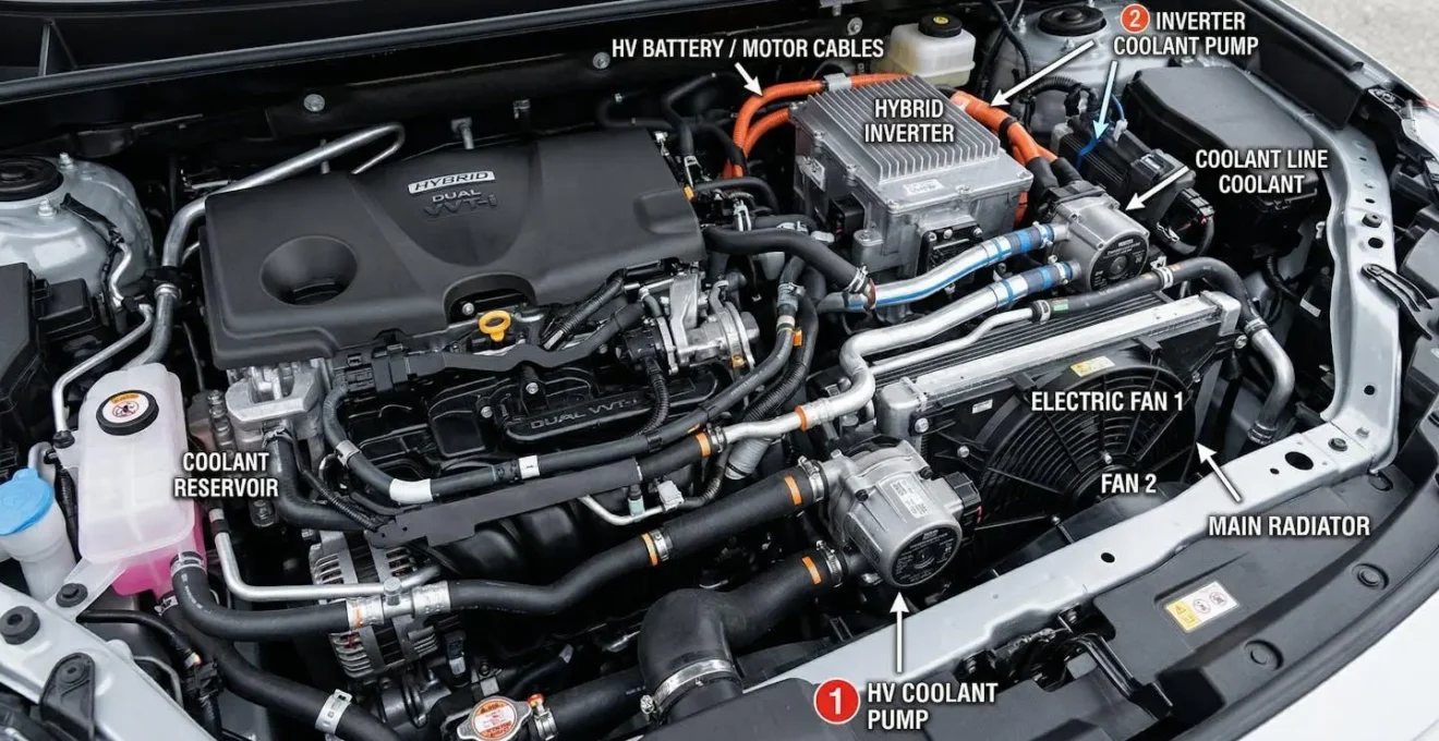 Système de refroidissement et pompes électriques d'un moteur hybride moderne