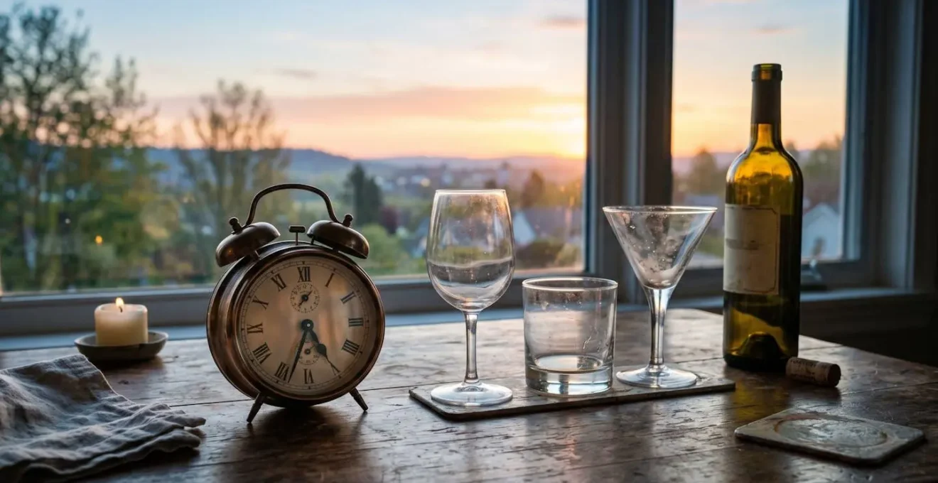 Métaphore visuelle du temps d'élimination de l'alcool avec une horloge et des verres vides sur une table à l'aube.