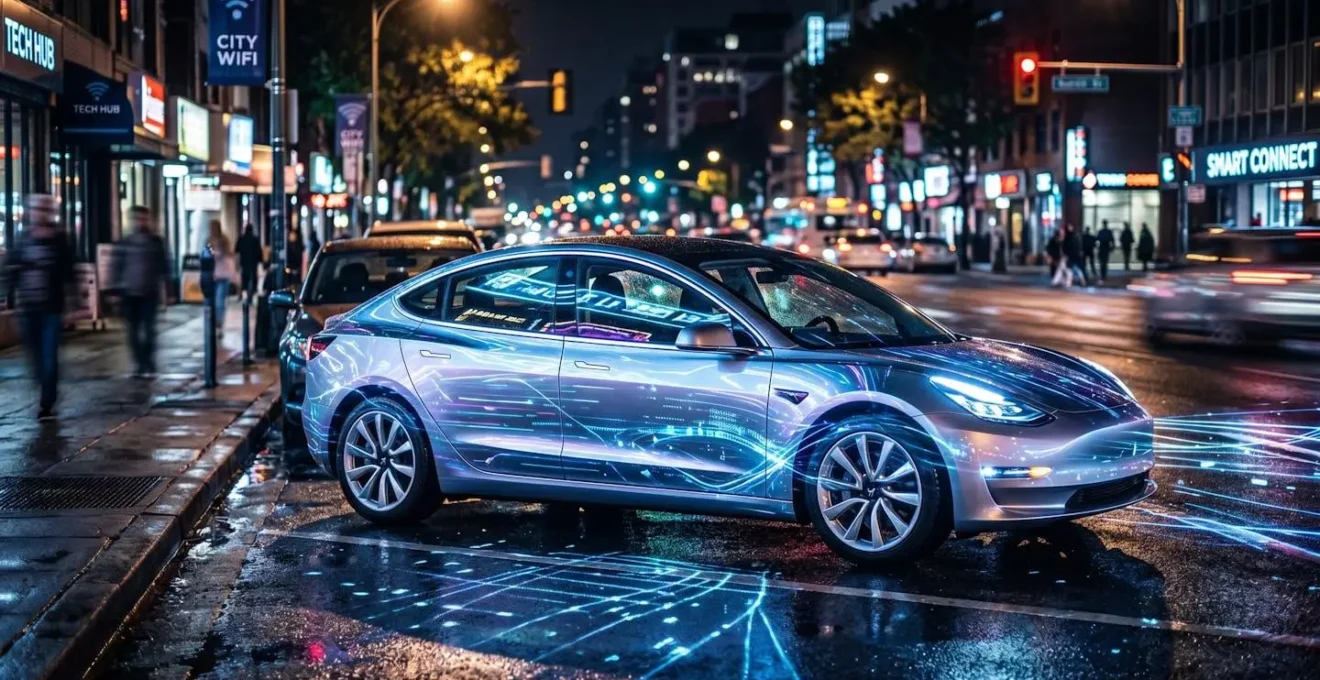 Voiture moderne garée de nuit avec reflets lumineux suggérant une connexion sans fil